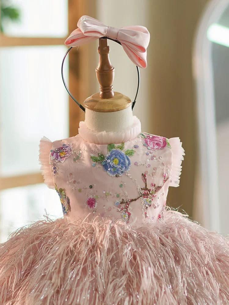 Girls Pink Vintage Floral Embroidery Princess Dress | KLFFIGID