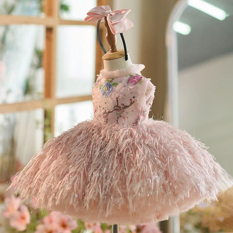 Girls Pink Vintage Floral Embroidery Princess Dress | KLFFIGID