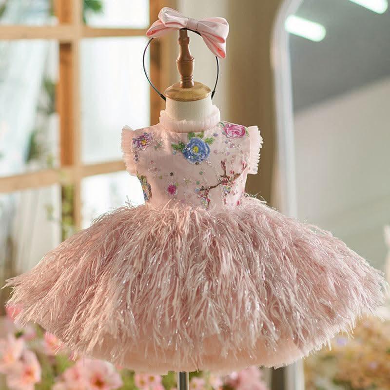 Girls Pink Vintage Floral Embroidery Princess Dress | KLFFIGID