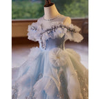 CEmbroidered sequins children's maxi dress, princess birthday party evening dress, blue dress