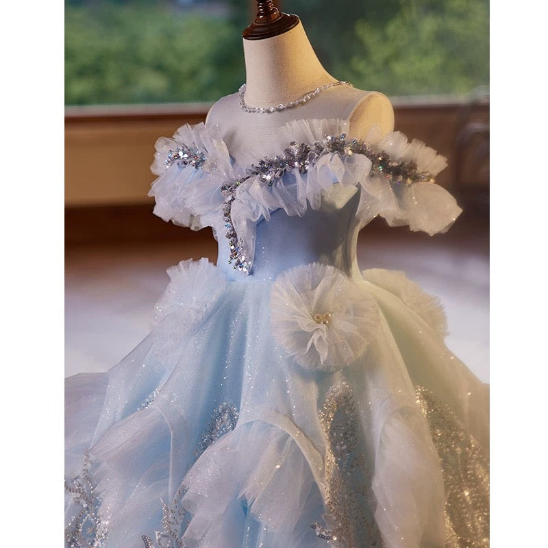 CEmbroidered sequins children's maxi dress, princess birthday party evening dress, blue dress