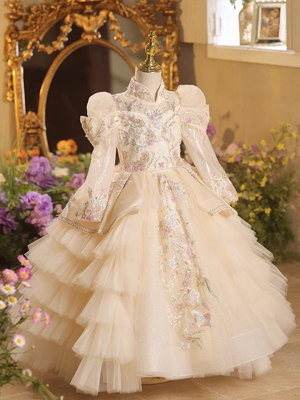 Girls' floral long-sleeved princess dress with elegant elegant host wedding flower girl dress