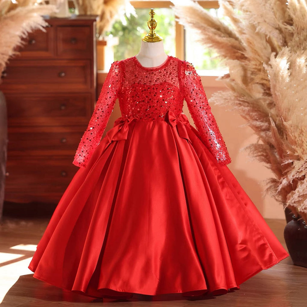 3-12 years old children's dress, sequined satin dress, red dress, piano performance dance evening dress, birthday party dress