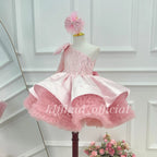 Girls Pink Satin Princess Dress with Sequin One Shoulder Bodice｜KLFFLGID