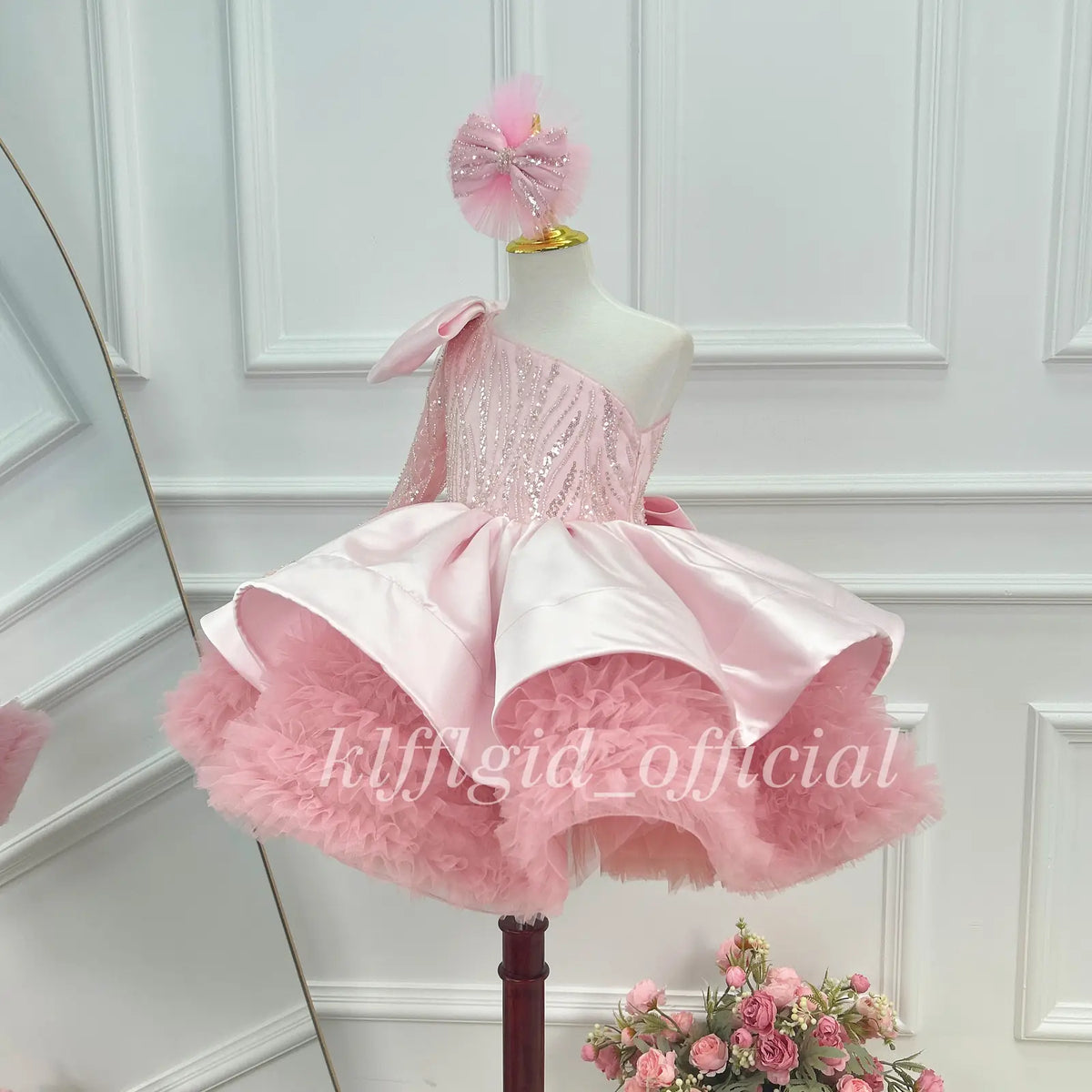 Girls Pink Satin Princess Dress with Sequin One Shoulder Bodice｜KLFFLGID