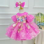Hot Pink Sequin Puff Sleeve 3D Floral Tutu Dress | KLFFIGID