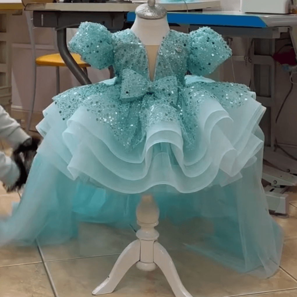Sequined Puff Sleeve First Birthday Girl Princess Dress with Bow | KLFFIGID
