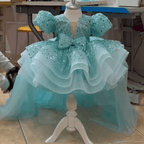 Sequined Puff Sleeve First Birthday Girl Princess Dress with Bow | KLFFIGID