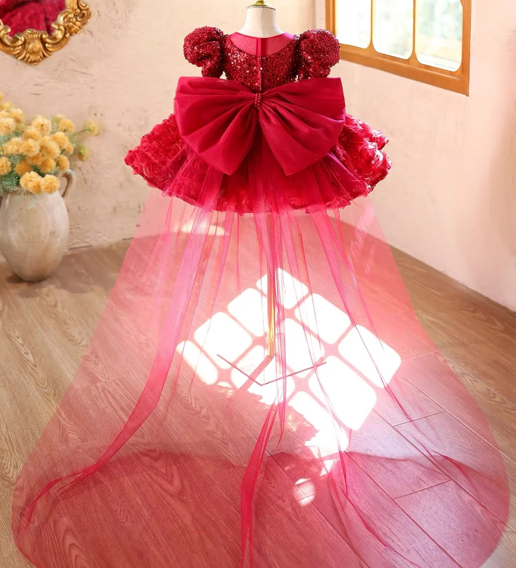 Girls Red Rose Princess Dress with Sequin Puff Sleeves｜KLFFLGID