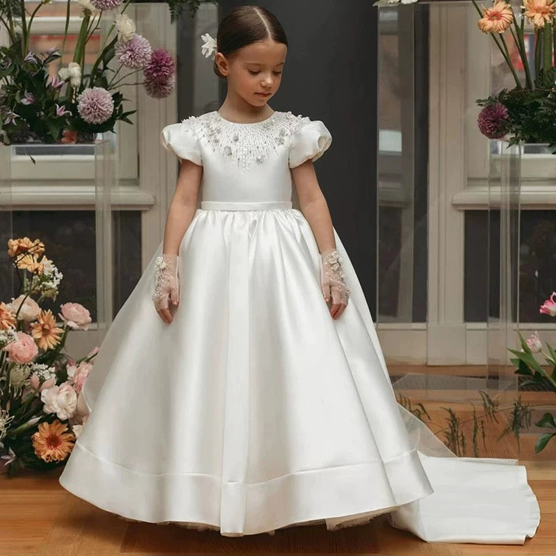Elegant high-end wedding dress, children's dress, birthday party banquet tail girl dress, baby girl pageant dress