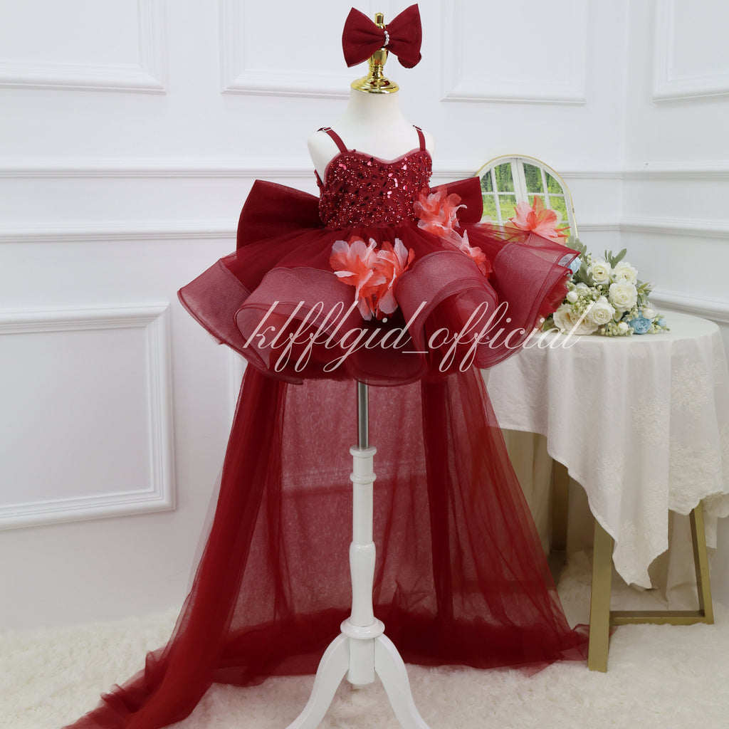 Toddlers Birthday dress Pageant gowns for girls Burgundy Christmas dress  | KLFFLGID