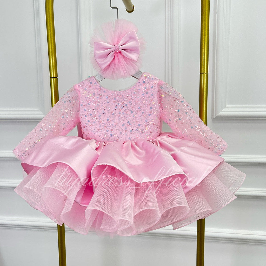 Satin Sequin Big Bow Fluffy Girls Birthday Princess Dress | KLFFIGID