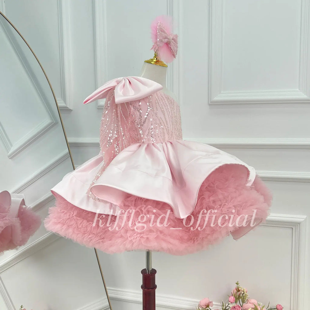 Girls Pink Satin Princess Dress with Sequin One Shoulder Bodice｜KLFFLGID