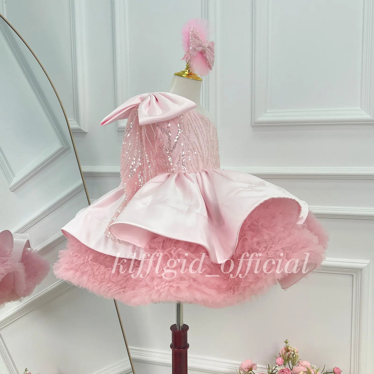 Girls Pink Satin Princess Dress with Sequin One Shoulder Bodice｜KLFFLGID