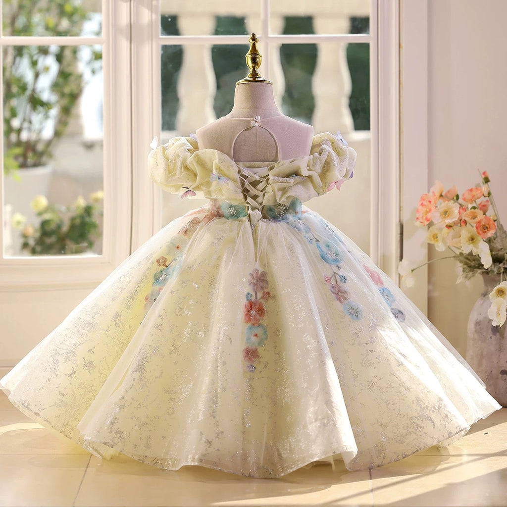 New style butterfly one shoulder girls dress, wedding flower mesh dress, birthday party baby dress, Girls Match Pageant Dress