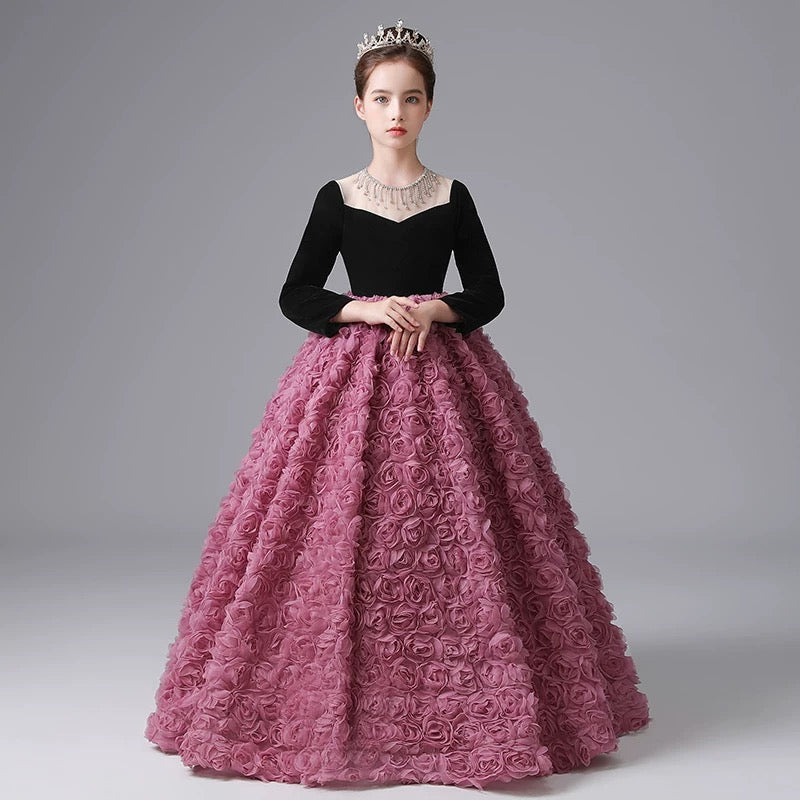 Girls long dress, girl princess dress, 3-12 year old girl piano performance dress, flower dress