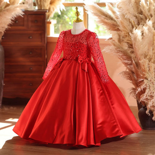 3-12 years old children's dress, sequined satin dress, red dress, piano performance dance evening dress, birthday party dress