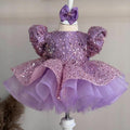 Pink Sequined Puff Sleeve Cascading Ruffle Girls Princess Dress | KLFFIGID