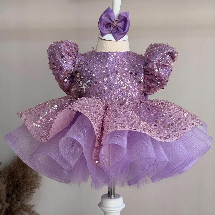 Pink Sequined Puff Sleeve Cascading Ruffle Girls Princess Dress | KLFFIGID