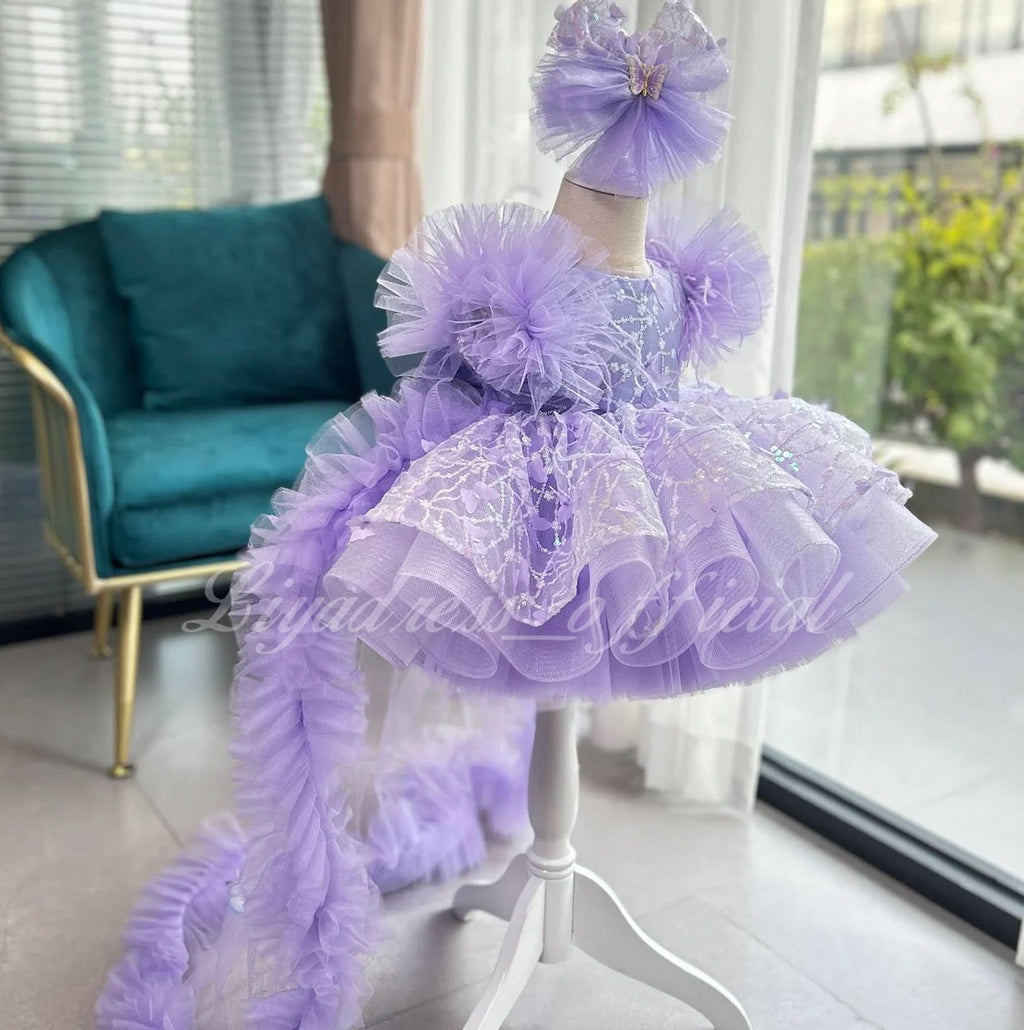 Flutter Sleeve Butterfly Tail Fluffy Girls Birthday Princess Dress | KLFFIGID