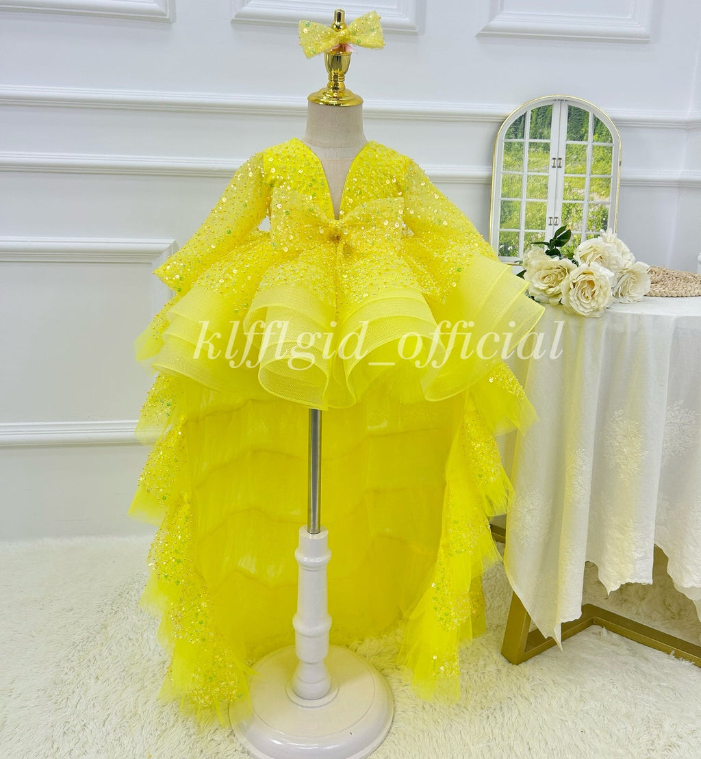 Elegant Sequined Long Sleeve Flower Girl Party Dress with Tail | KLFFIGID