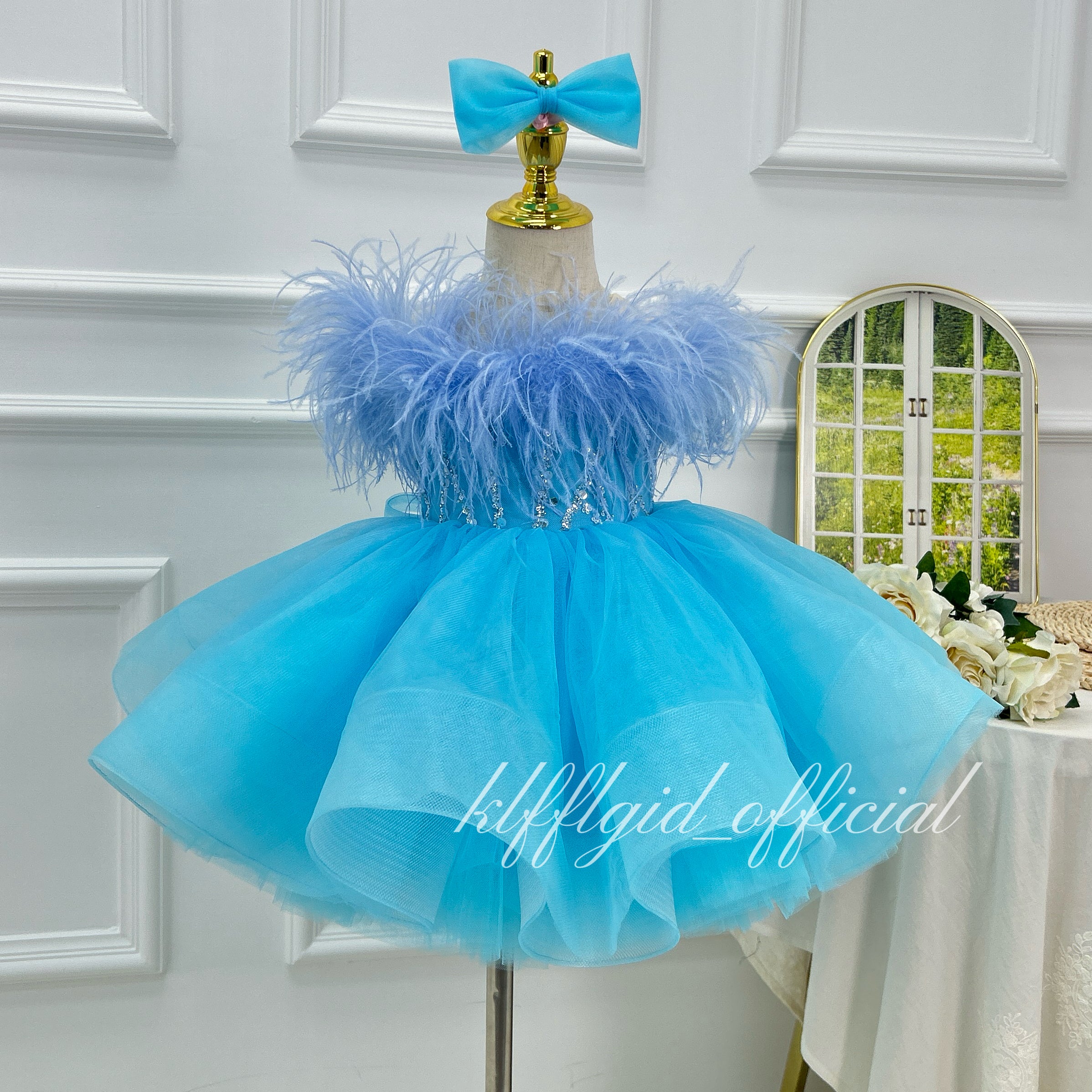Stylish Feather Pageant Gown & Baby Birthday Dress | KLFFLGID