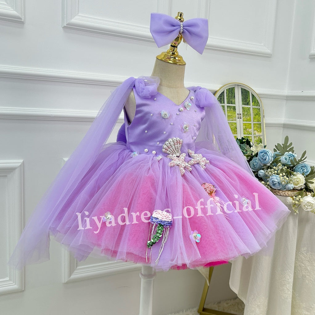 Girls Starfish Ocean Theme Blue Pink Ombre Party Dress | KLFFIGID