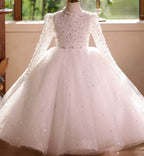 Girls elegant sequin party princess dress Long-sleeved dress, high-end elegant wedding white long dress, dress for teenage girls aged 3-12