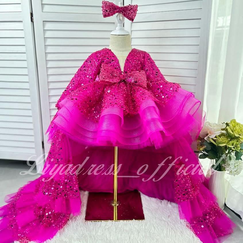Cute Sequin Mesh Tiered Princess Dress with Train | KLFFIGID