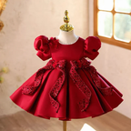 Girls Burgundy Satin Princess Dress with Sequin Bow｜KLFFLGID