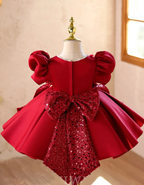 Girls Burgundy Satin Princess Dress with Sequin Bow｜KLFFLGID