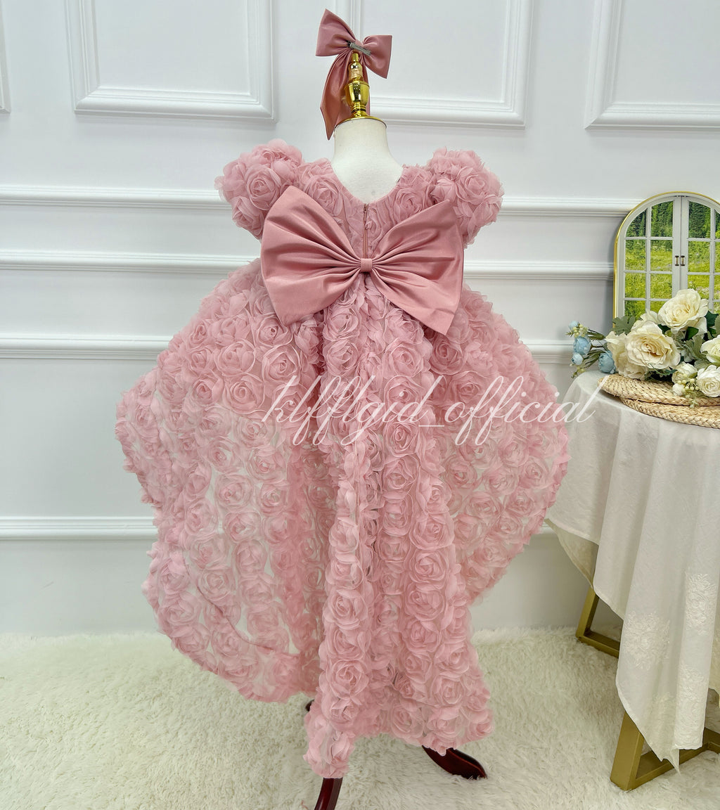 Rose Adorned Short Sleeve Princess Dress for Baby Girls | KLFFIGID