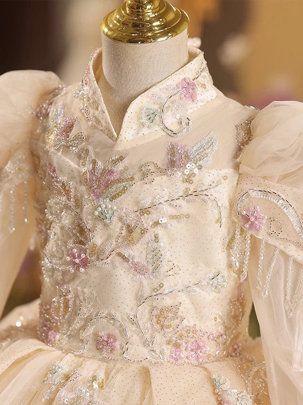 Girls' floral long-sleeved princess dress with elegant elegant host wedding flower girl dress