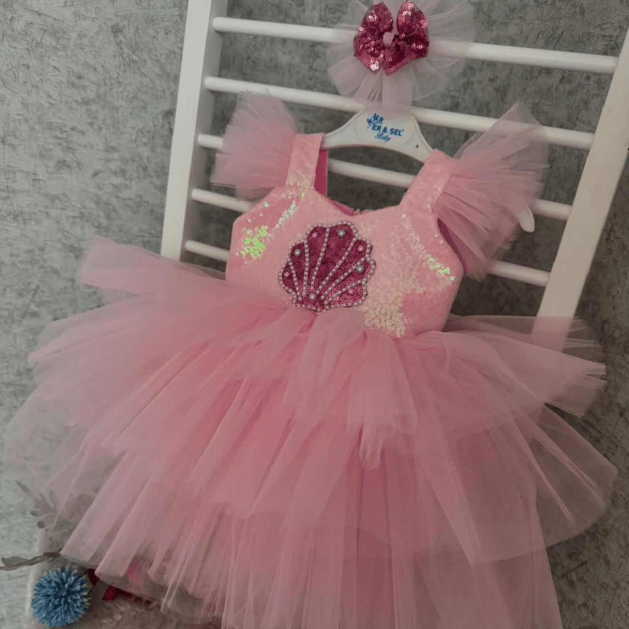 Flutter Sleeve Sequined Shell Baby Birthday Princess Dress | KLFFIGID