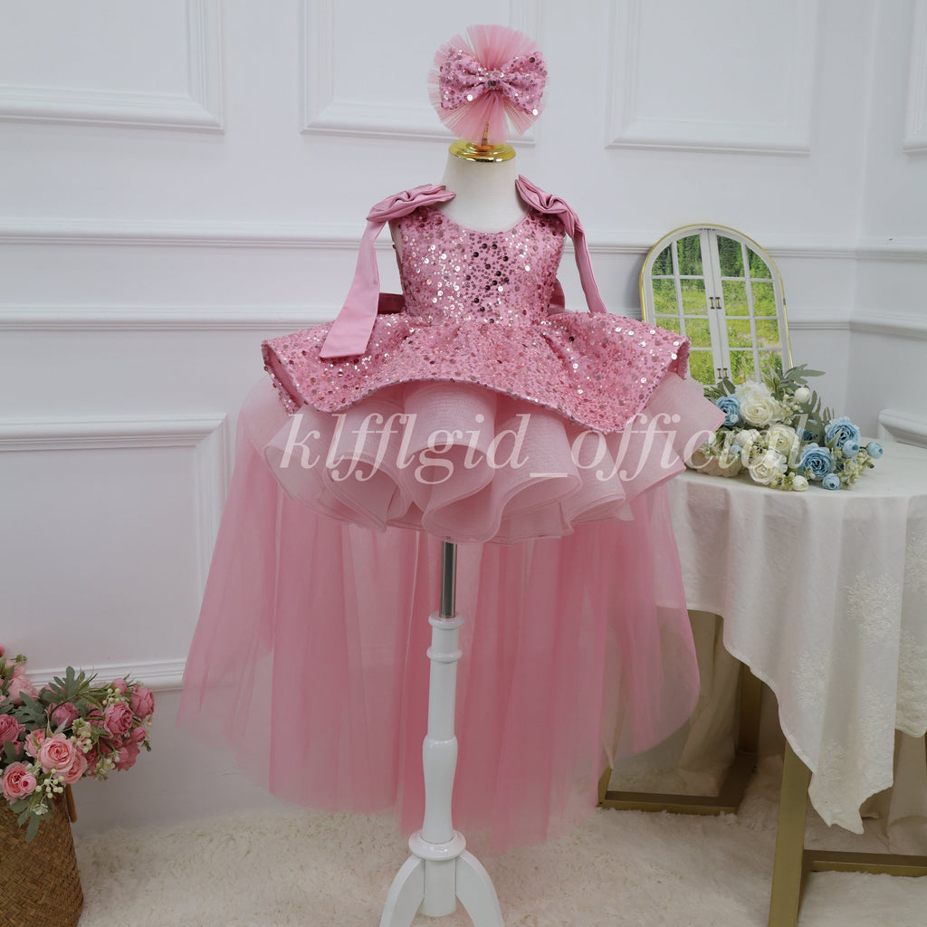 KLFFLGID Cute Bow Baby Birthday Dress Fashion sequined girls princess dress wedding flower girl dress host stage catwalk evening dress