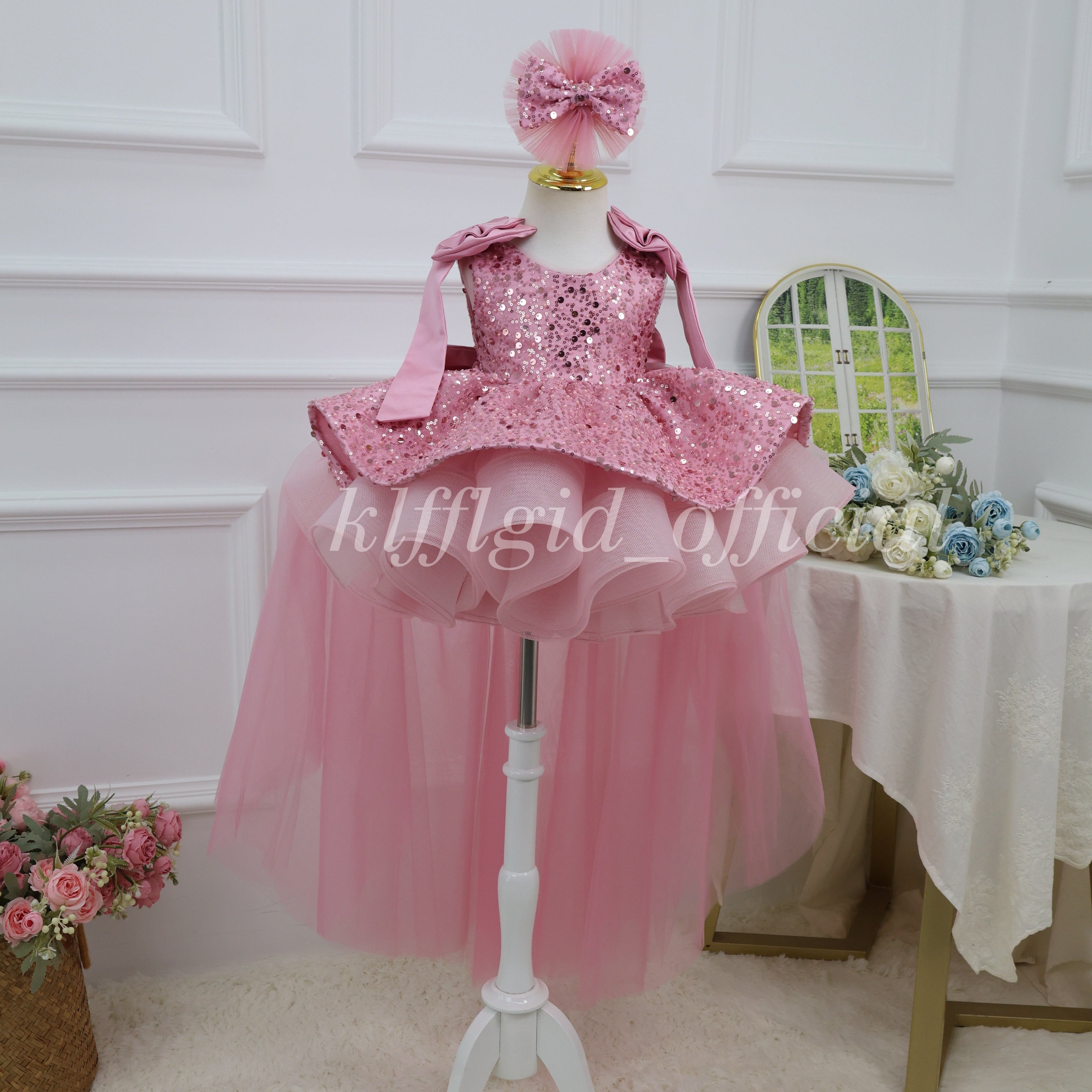KLFFLGID Cute Bow Baby Birthday Dress Fashion sequined girls princess dress wedding flower girl dress host stage catwalk evening dress