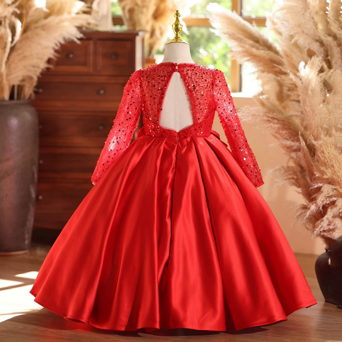 3-12 years old children's dress, sequined satin dress, red dress, piano performance dance evening dress, birthday party dress