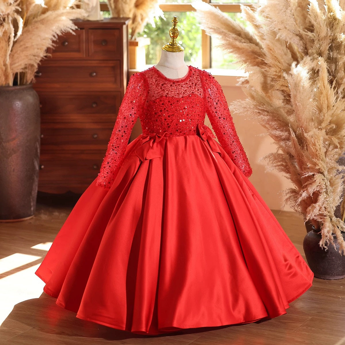 3-12 years old children's dress, sequined satin dress, red dress, piano performance dance evening dress, birthday party dress