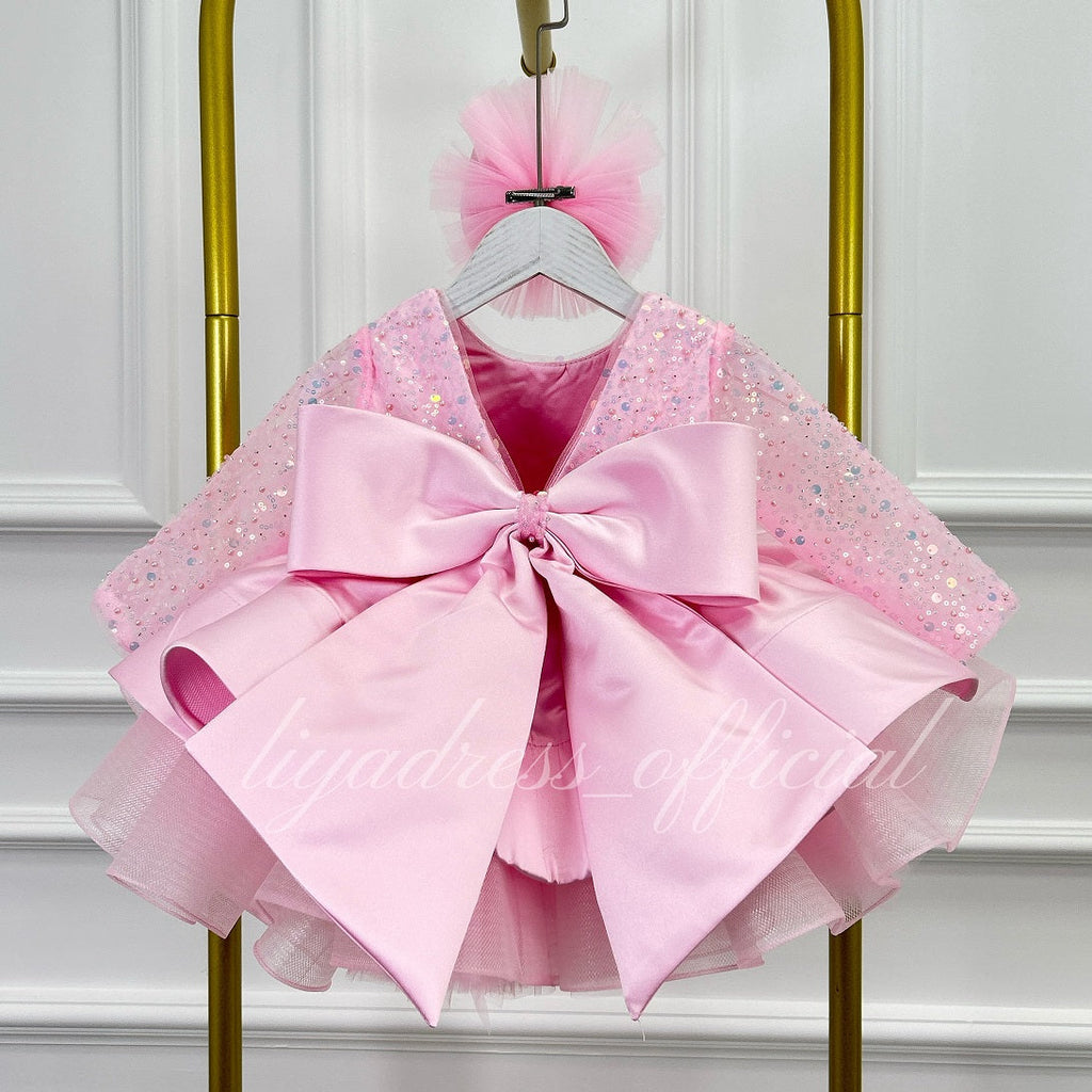 Satin Sequin Big Bow Fluffy Girls Birthday Princess Dress | KLFFIGID
