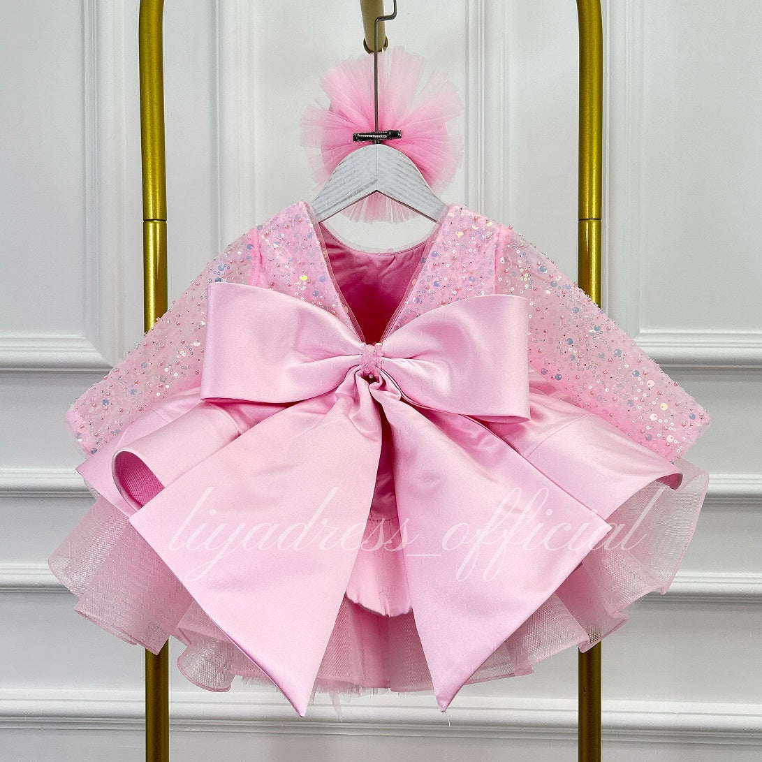 Satin Sequin Big Bow Fluffy Girls Birthday Princess Dress | KLFFIGID
