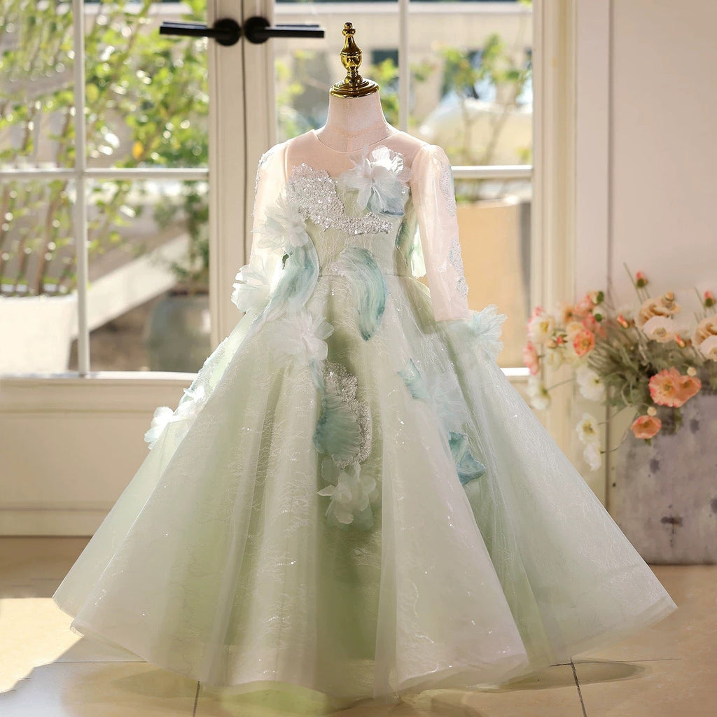 New long-sleeved dress, floral wedding dress for girls, party dress for girls, ballet dress for banquets and evening gowns