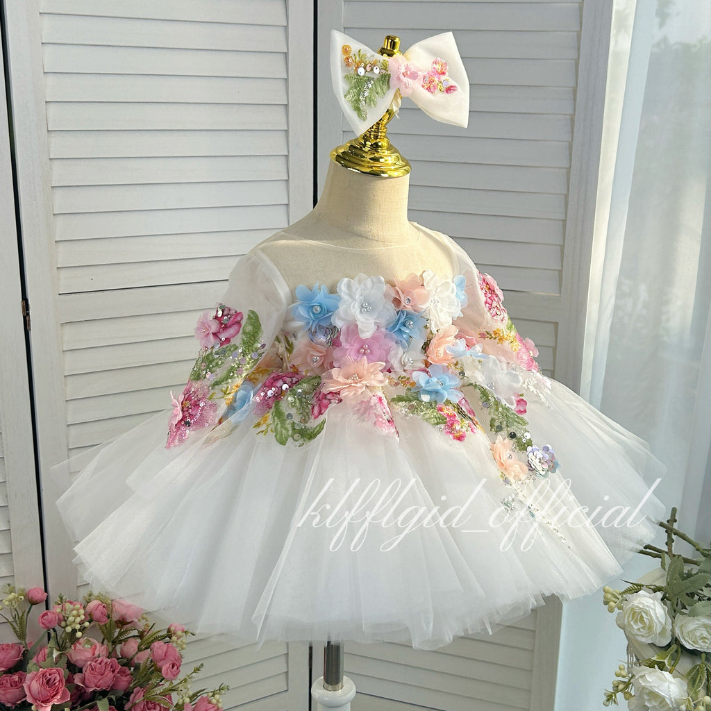 3D Floral Long-Sleeve Tulle Princess Dress for Flower Girls | KLFFIGID
