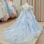 Children's dress, fluffy wedding dress, flower long-sleeved trailing evening dress, embroidered mesh girl princess dress