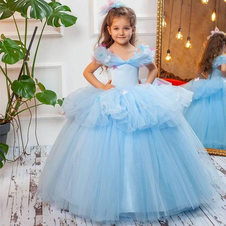 Girls birthday party dress, blue girl princess dress, dress up princess baby dress, butterfly maxi dress