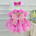 Hot Pink Sequin Puff Sleeve 3D Floral Tutu Dress | KLFFIGID