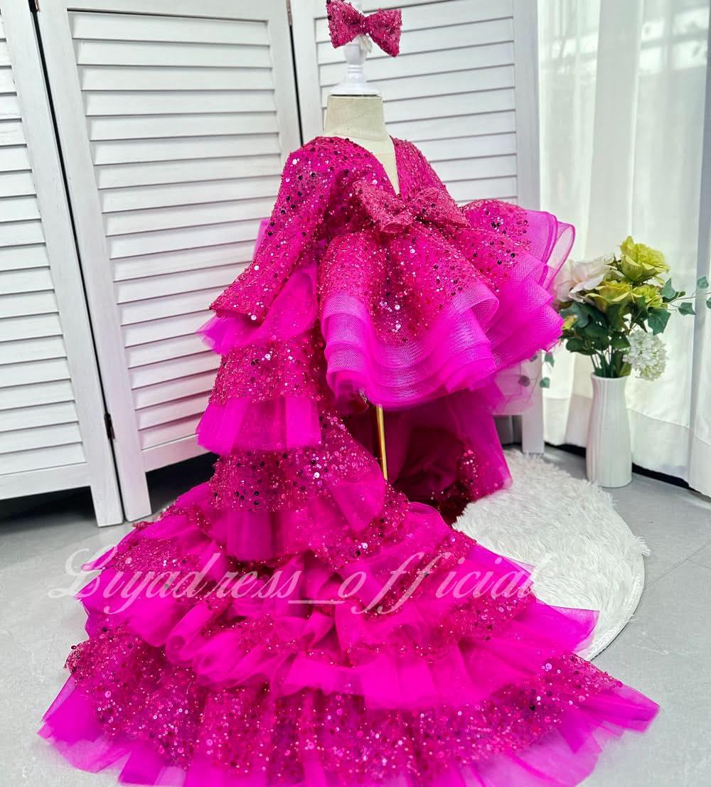 Cute Sequin Mesh Tiered Princess Dress with Train | KLFFIGID