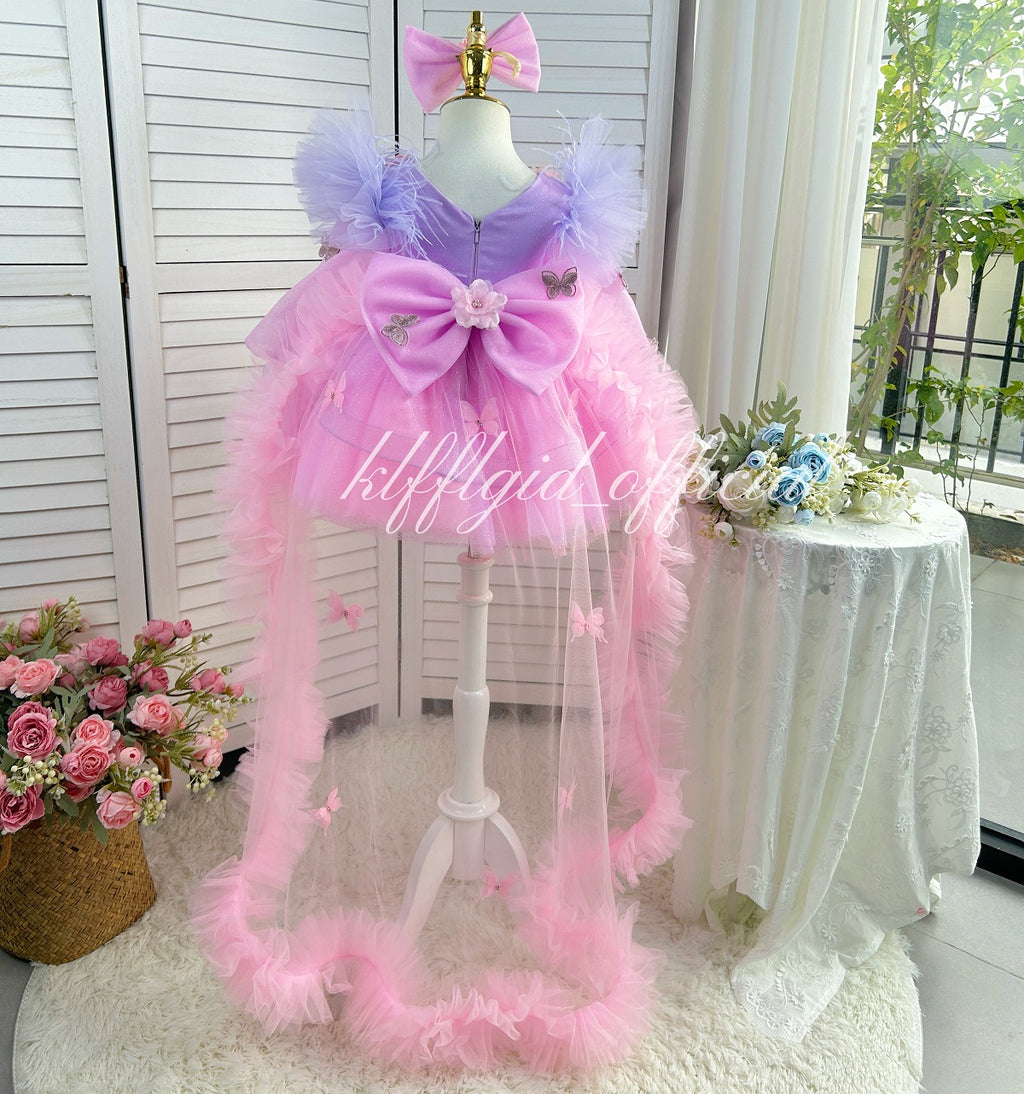 Fluffy Purple Birthday Party Baby Dress with Floral Details | KLFFIGID