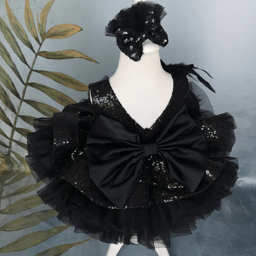 Black Sequin Sleeveless Bow Evening Gown Dress for Girls | KLFFIGID