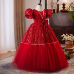 Red dress, party girl evening dress, bow party girl dress, girl pageant dress, birthday party girl princess dress