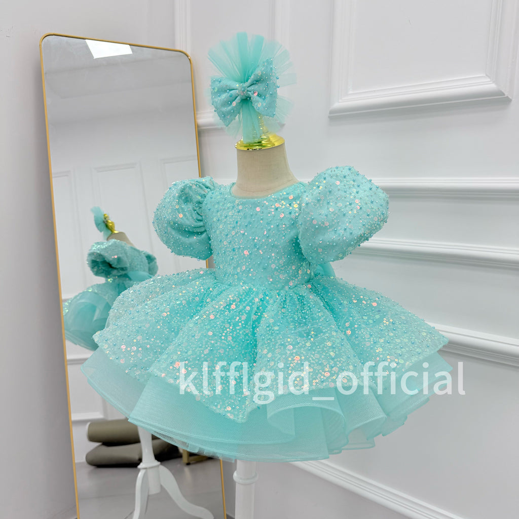 Girls Sequin Puff Sleeve Birthday Princess Dress with Headband | KLFFIGID